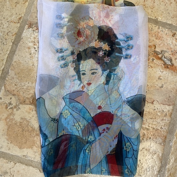 Vintage Accessories - Scarf Asian Geisha Girl Floral Design Women’s  Silky Feel 60’x19’ Art to wear